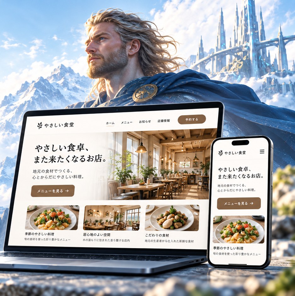 HEIMDALL（近日公開）のイメージ。パソコンとスマートフォンに、AIが作った飲食店のホームページ（見本）が表示されている