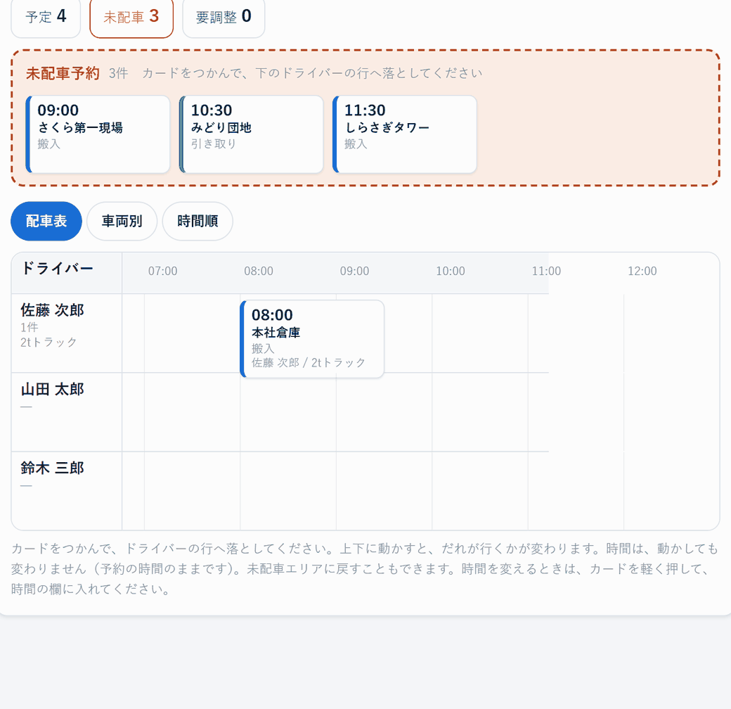配車表で、未配車の3件をドライバーへ割り当て、1件を別の担当へ移してから保存する操作